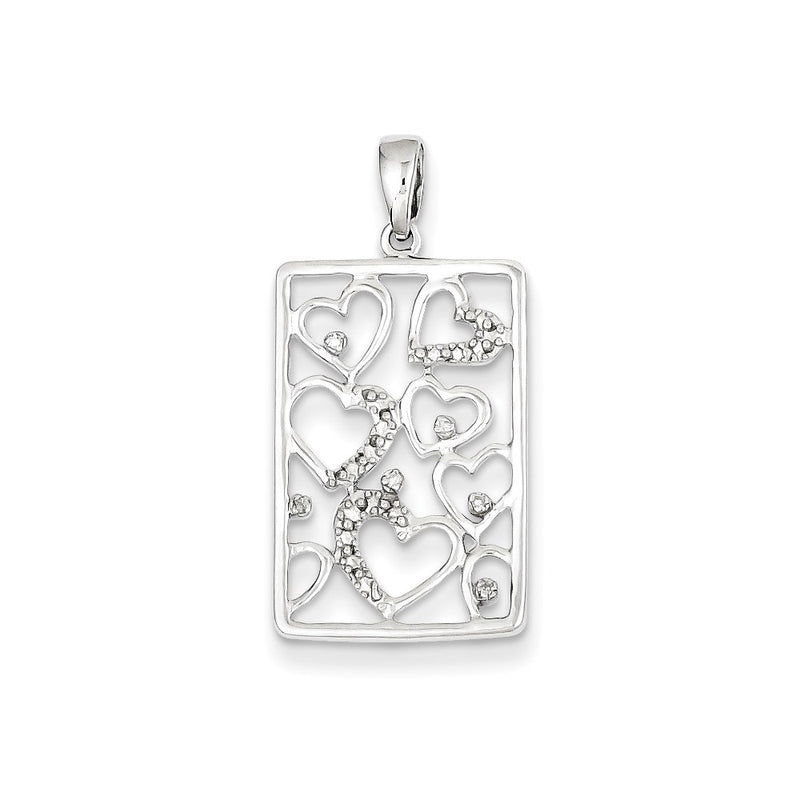 Sterling Silver Rhodium Plated Diamond Hearts Rectangle Pendant