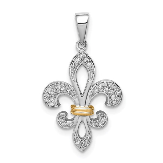 Sterling Silver Rhod-Plated with 14K Diamond Fleur De Lis Pendant