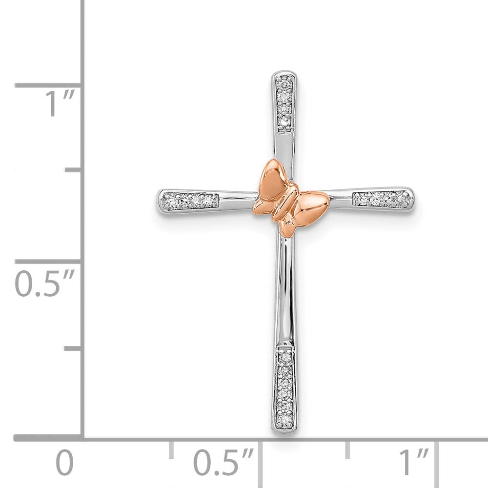 SS & 14k True Two-tone Rose Gold Butterfly Diamond Cross Pendant