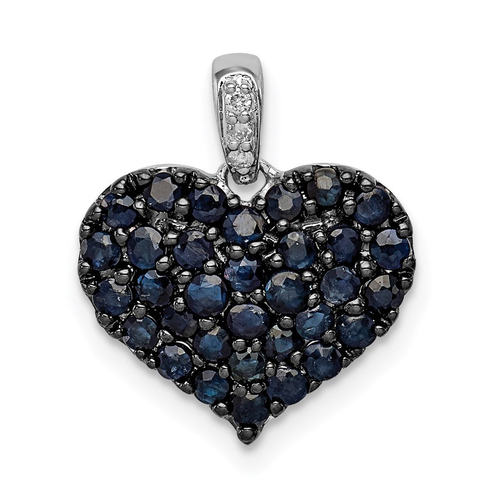 Sterling Silver Rhodium Diamond & Sapphire Heart Pendant