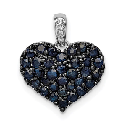 Sterling Silver Rhodium Diamond & Sapphire Heart Pendant