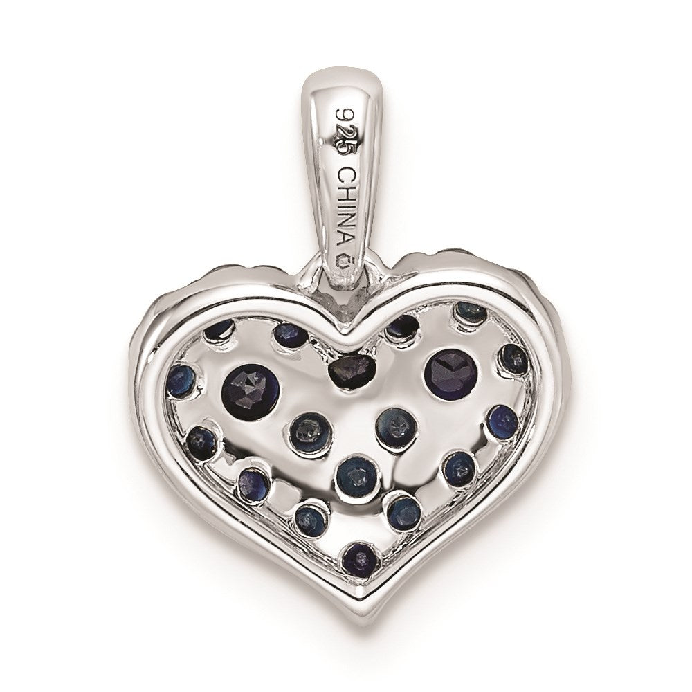 Sterling Silver Rhodium Diamond & Sapphire Heart Pendant