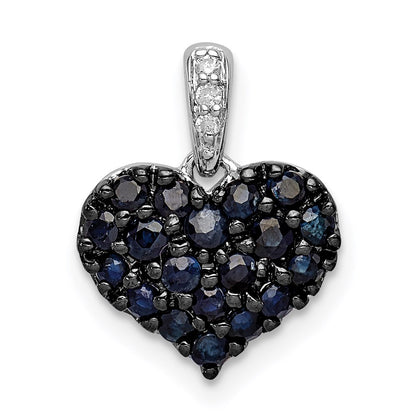 Sterling Silver Rhodium Diamond & Sapphire Heart Pendant