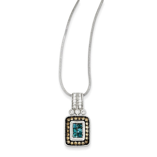 Sterling Silver White/Champagne/Blue Diamond Pendant Necklace
