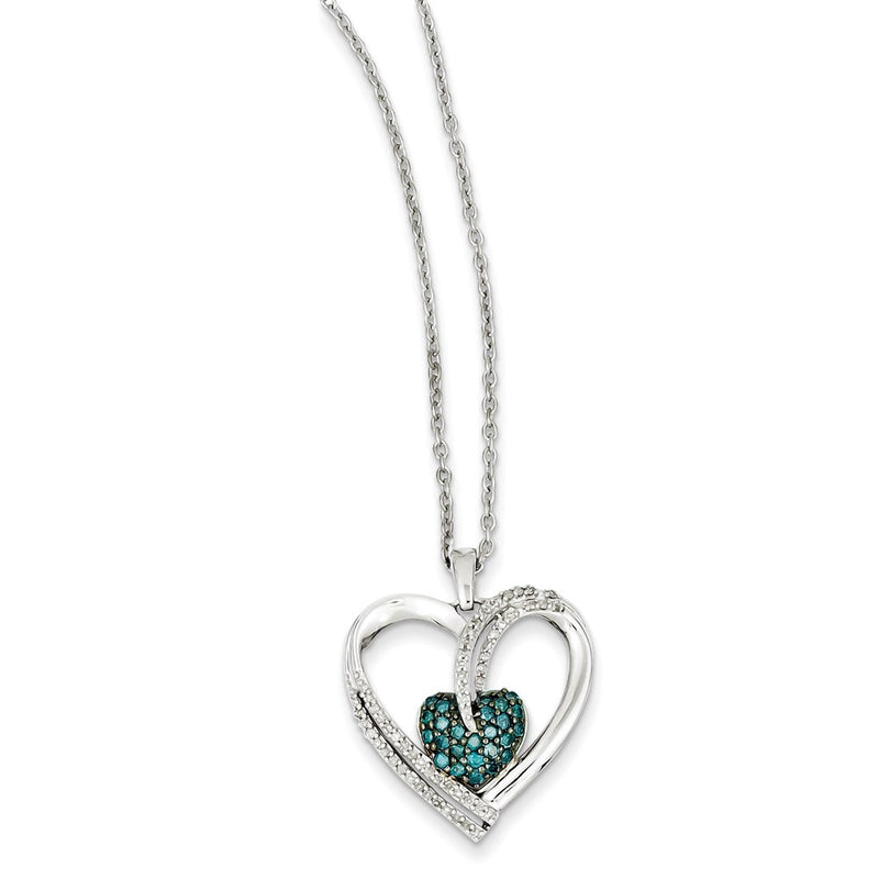 Sterling Silver Blue & White Diamond Heart Pendant Necklace