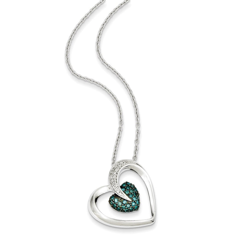 Sterling Silver Blue & White Diamond Heart Pendant Necklace