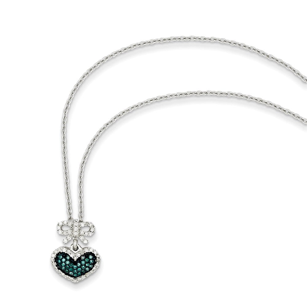 Sterling Silver Blue and White Diamond Heart & Bow Pendant