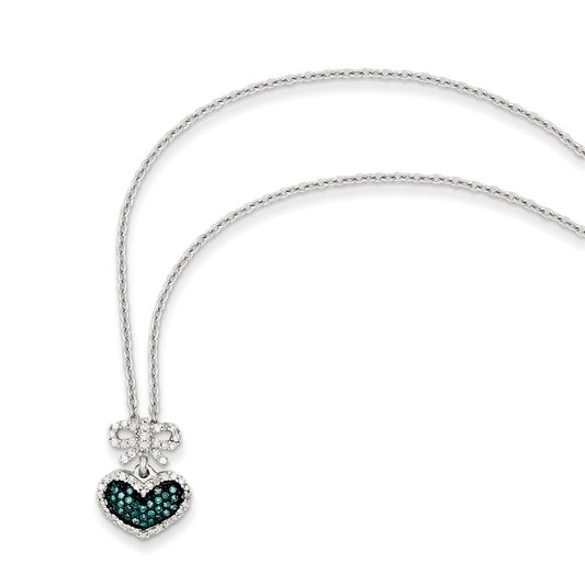 Sterling Silver Blue and White Diamond Heart & Bow Pendant