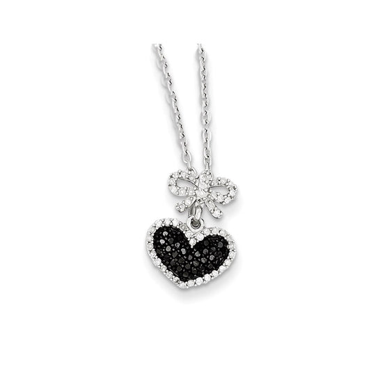 Sterling Silver Black and White Diamond Heart & Bow Pendant