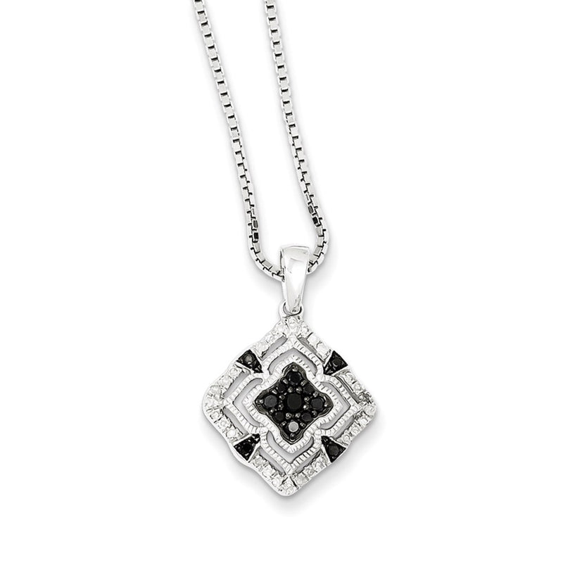 Sterling Silver Rhodium Plated Black & White Diamond Square Pendant