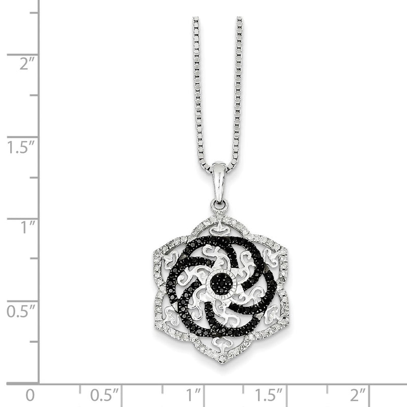Sterling Silver Rhodium Plated Black & White Diamond Flower Pendant