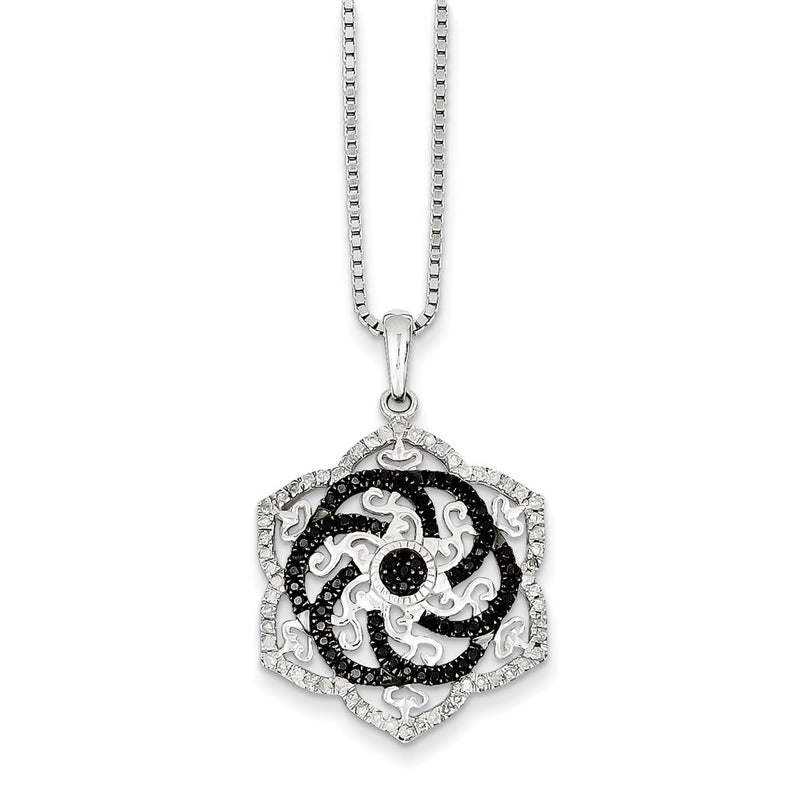 Sterling Silver Rhodium Plated Black & White Diamond Flower Pendant