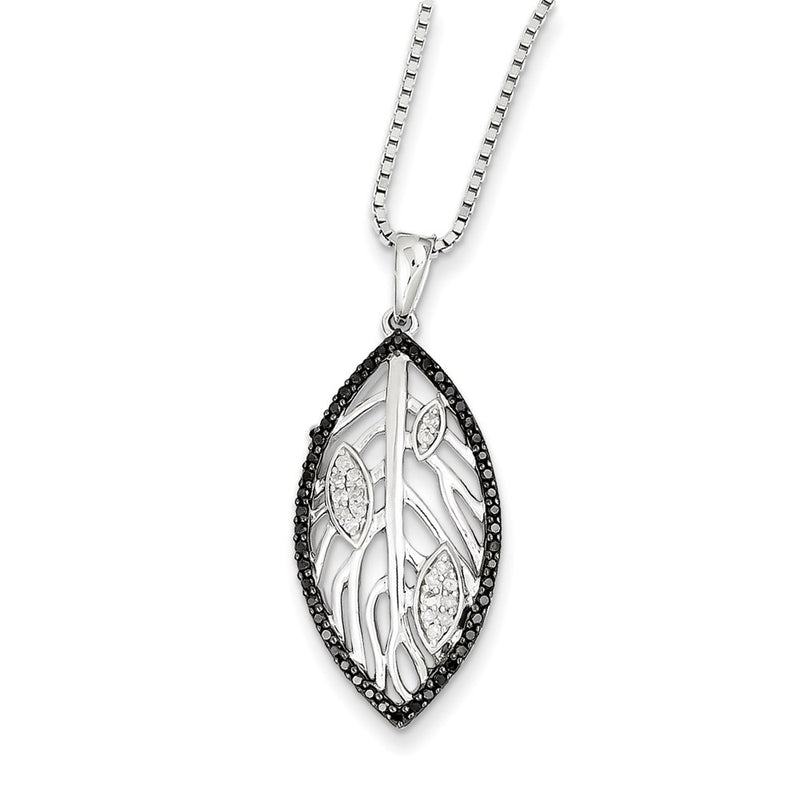 Sterling Silver Rhodium Plated Black & White Diamond Leaf Pendant