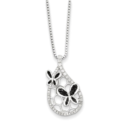 Sterling Silver Rhodium Plated Black & White Diamond Butterfly Pendant