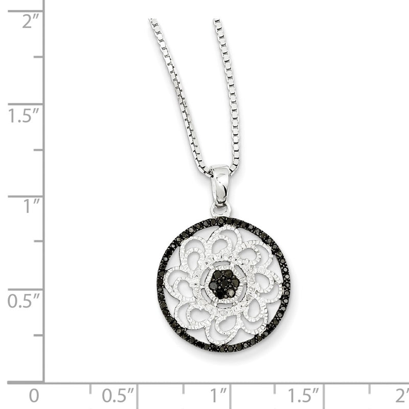 Sterling Silver Rhodium Plated Black & White Diamond Round Pendant