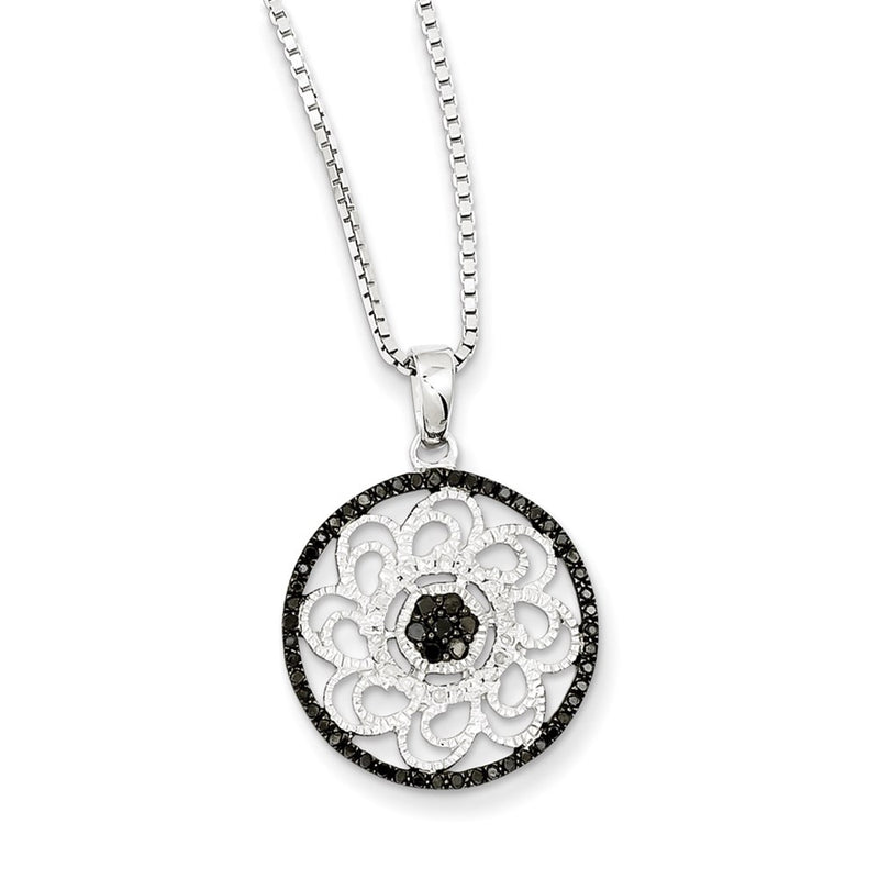 Sterling Silver Rhodium Plated Black & White Diamond Round Pendant