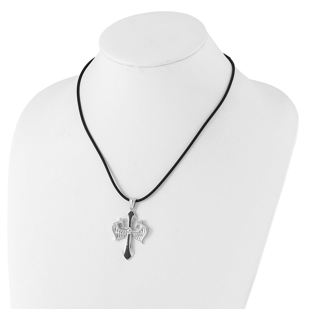 White Night Sterling Silver Rhodium-plated Black Diamond Cross and Wings Pendant 18 Inch Rubber Cord Necklace