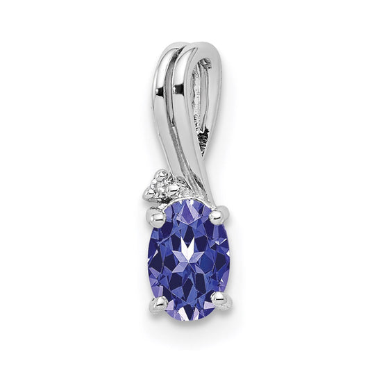 Sterling Silver Rhodium Plated Diamond and Tanzanite Oval Pendant