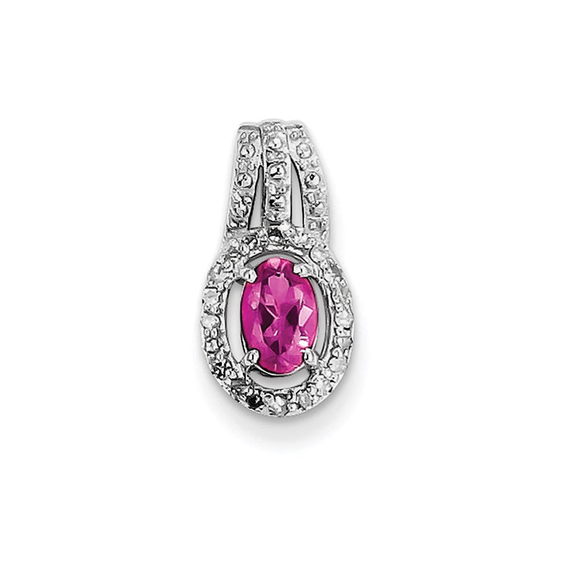 Sterling Silver Rhodium Plated Diamond & Pink Tourmaline Oval Pendant