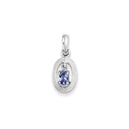 Sterling Silver Rhodium Plated Diamond and Tanzanite Oval Pendant