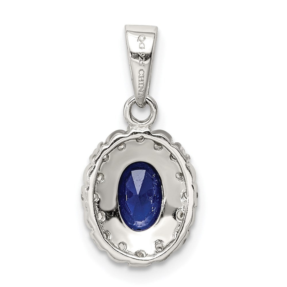 Sterling Silver RH-plated Polished CZ & Created Sapphire Oval Halo Pendant