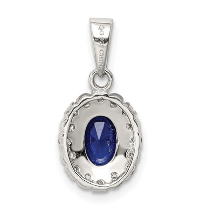 Sterling Silver RH-plated Polished CZ & Created Sapphire Oval Halo Pendant