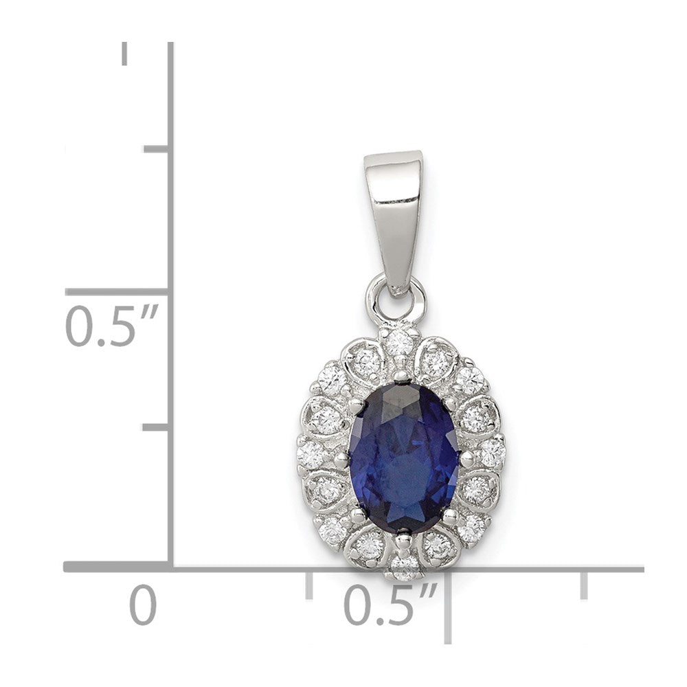 Sterling Silver RH-plated Polished CZ & Created Sapphire Oval Halo Pendant