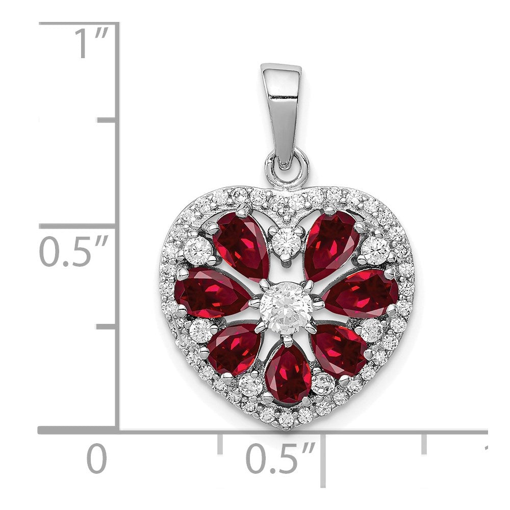 Sterling Silver Rhodium-plated Polished CZ and Lab Cr. Ruby Heart Pendant