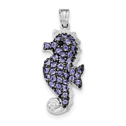 Sterling Silver Rhodium-plated Iolite & Black Sapphire Seahorse Pendant