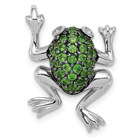 Sterling Silver Rhodium White Topaz & Chrome Diopside Frog Pendant