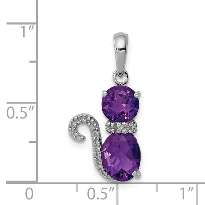 Sterling Silver Rhodium-plated Amethyst and Diamond Cat Pendant