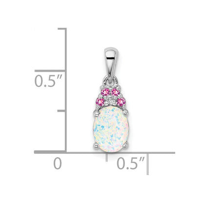 Sterling Silver Rhod-plate Dia. Cr.Pink Sapp. Simulated Opal Pendant