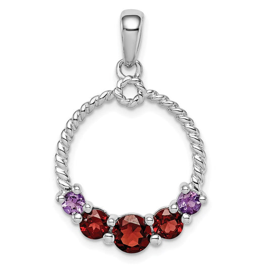 Sterling Silver Rhod-plat Garnet and Amethyst Pendant
