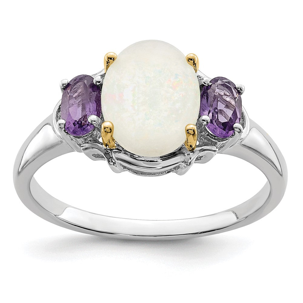 Brilliant Gemstones Sterling Silver with 14K Accent Rhodium-plated Opal and Amethyst Ring