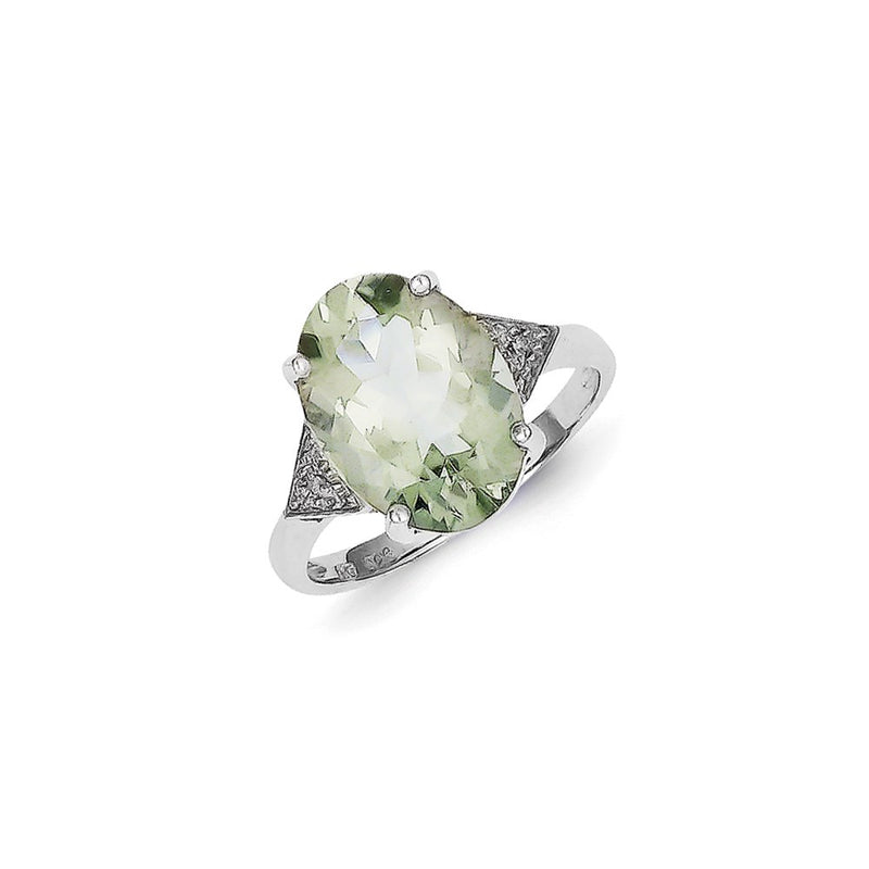 Sterling Silver Rhodium Green Quartz & Diamond Ring