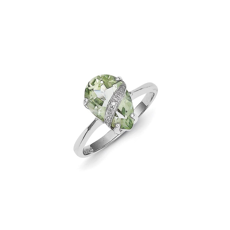 Sterling Silver Rhodium Pear Green Quartz & Diamond Ring
