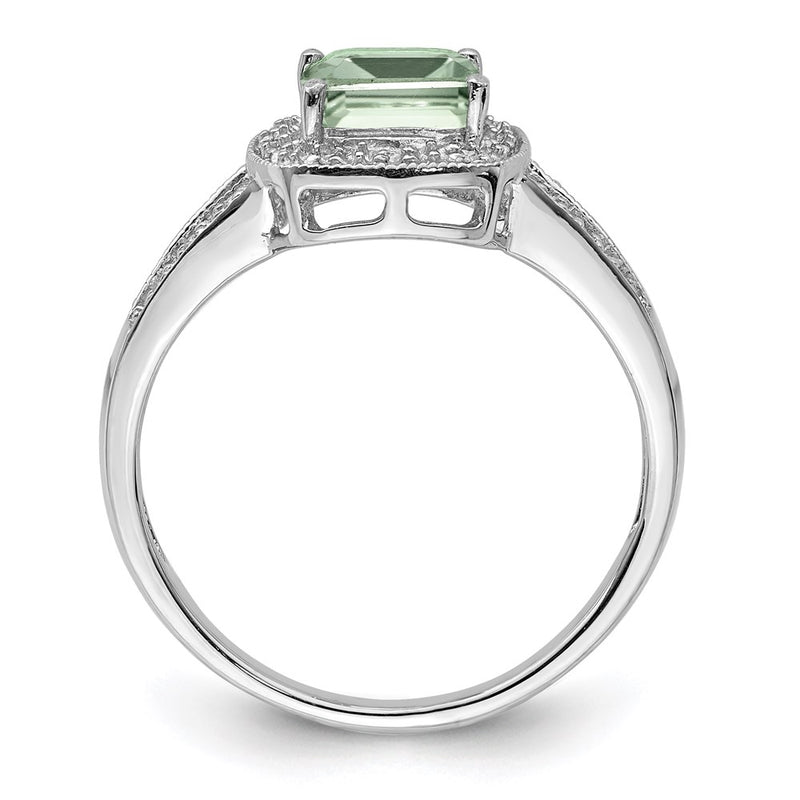 Sterling Silver Rhodium Emerald-cut G. Quartz & Diamond Ring