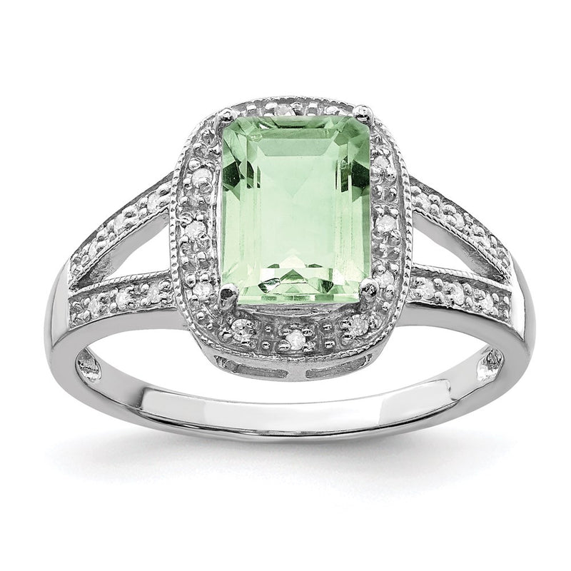 Sterling Silver Rhodium Emerald-cut G. Quartz & Diamond Ring