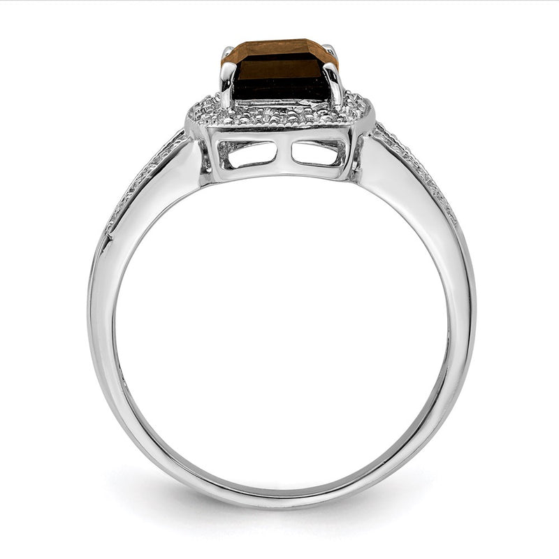 Sterling Silver Rhodium Emerald-cut Smoky Quartz & Diamond Ring