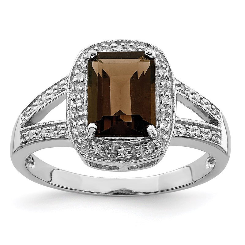 Sterling Silver Rhodium Emerald-cut Smoky Quartz & Diamond Ring