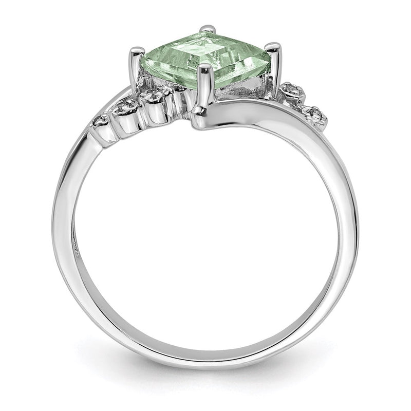 Sterling Silver Rhodium Princess-cut Green Quartz & Diamond Ring