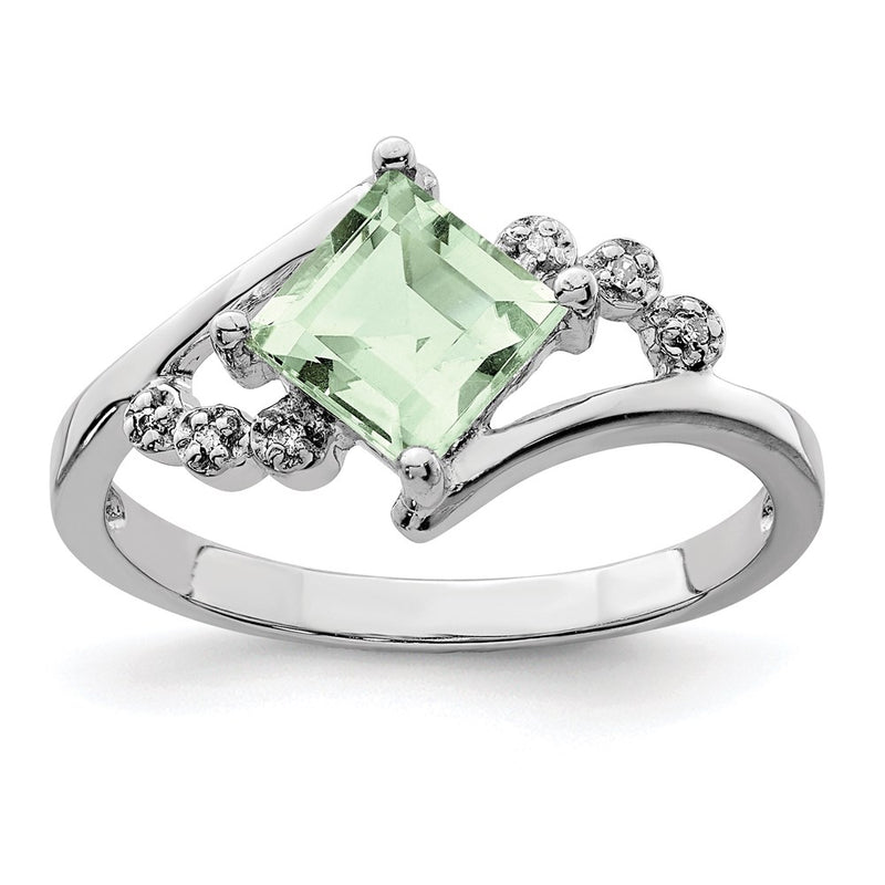 Sterling Silver Rhodium Princess-cut Green Quartz & Diamond Ring