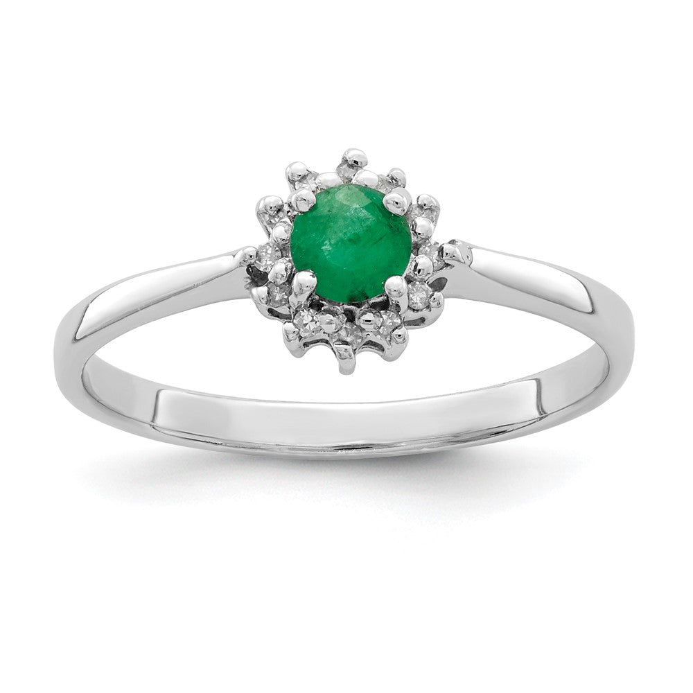 Sterling Silver Rhodium-plated Round Emerald & Diamond Ring