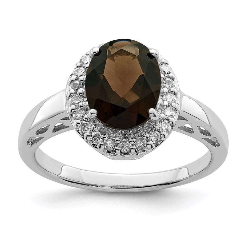 Sterling Silver Rhodium Smoky Quartz & Diamond Ring