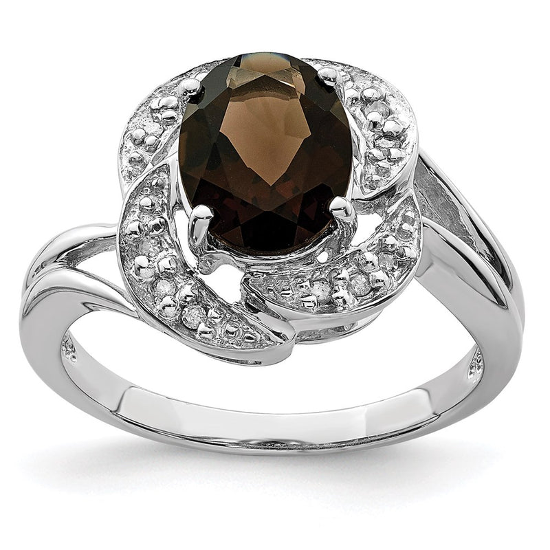 Sterling Silver Rhodium Smoky Quartz & Diamond Ring