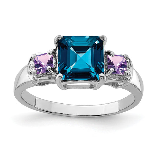 Sterling Silver Rhodium London Blue Topaz, Amethyst & Diamond Ring