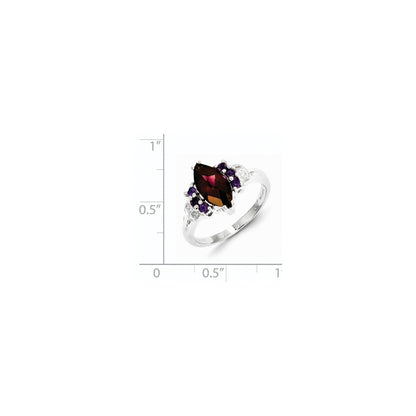 Sterling Silver Rhodolite Garnet, Amethyst & Diamond Ring
