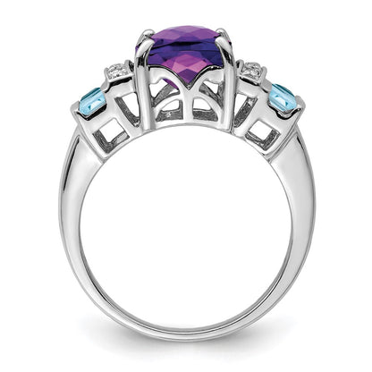 Sterling Silver Rhodium Amethyst, Light Swiss Blue Topaz & Diamond Ring