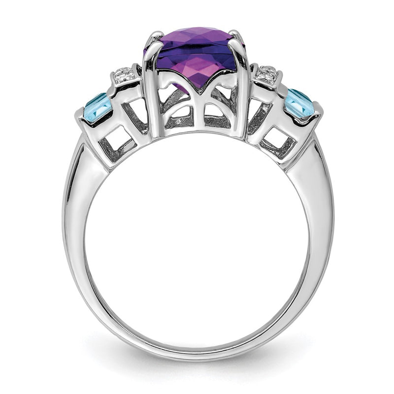 Sterling Silver Rhodium Amethyst, Light Swiss Blue Topaz & Diamond Ring