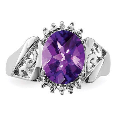 Sterling Silver Rhodium-plated Checker-Cut Amethyst & Diamond Ring